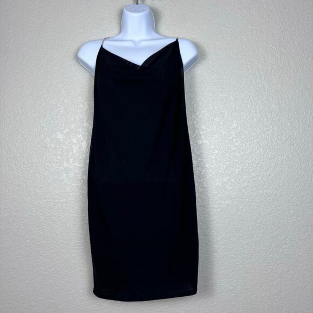 Mini Slip Dress Womens Medium Black Rhinestone‎ Strap Cowl Neck Y2K LBD NYE